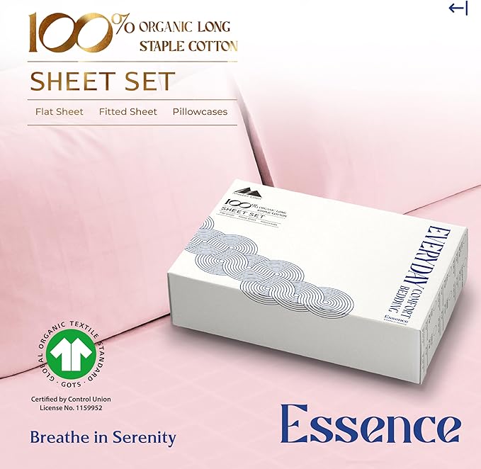 Mayfair Linen 100% Organic Cotton Sheets Queen Size - 4 PC Organic Cotton Queen Size Percale Weave Sheet Set, Soft, Cooling, Crisp & Breathable, 16" Deep Pocket Hotel Quality Bedding Set - Blush