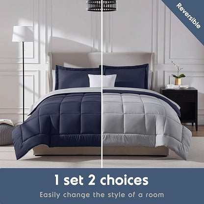Nestl 7 Piece California King Comforter Set – Navy Reversible Bed in a Bag – Complete Cal King Size Bedding Set with Sheets, Pillowcases and Shams