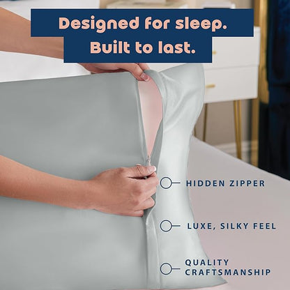 BLISSFORD Satin Pillowcase with Zipper, for Hair and Skin Care, Feels Soft and Cool Like a Silk Pillowcase, Satin Pillow Cases 2 Pack, Slik Pillow Cover, Silver Grey - King Size, Set of 2