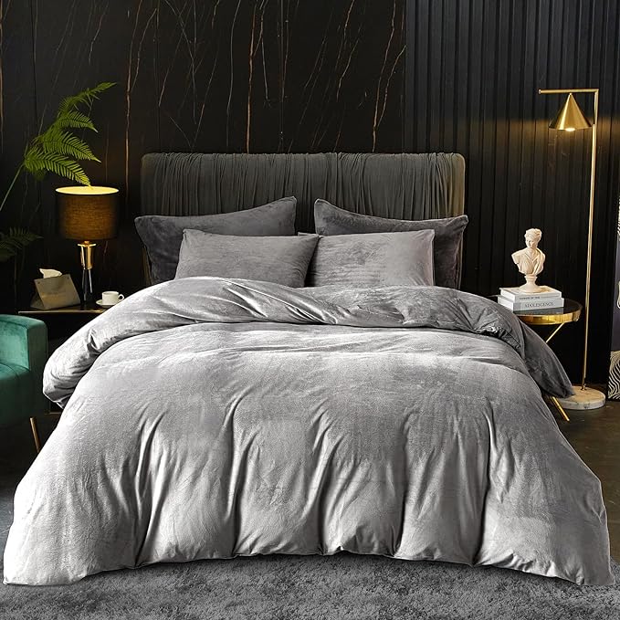 Ivellow Velvet Flannel Duvet Cover King Size Smoky Gray Duvet Cover King Velvet Comforter Cover Set Ultra Soft Breathable Cozy Velour Duvet Cover Solid Luxury Bedding Set Zipper Closure Corner Ties