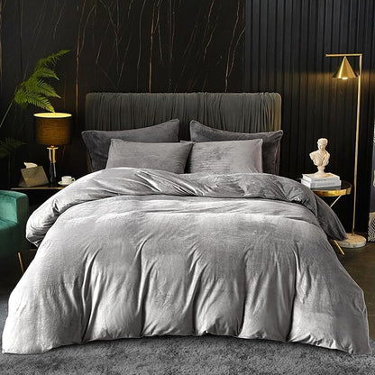 Ivellow Velvet Flannel Duvet Cover King Size Smoky Gray Duvet Cover King Velvet Comforter Cover Set Ultra Soft Breathable Cozy Velour Duvet Cover Solid Luxury Bedding Set Zipper Closure Corner Ties