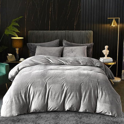 Ivellow Velvet Duvet Cover Queen Set - Smoky Gray Velvet Comforter Cover 3Pcs Ultra Soft Duvet Breathable Solid Luxury Flannel Velour Zipper Closure Corner Tie