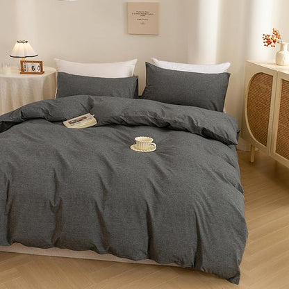 ECOCOTT Duvet Cover Set, 100% Washed Cotton Linen-Like Textured Soft & Breathable, Durable Comfy Bedding Set for All Seasons (Grey, Full)