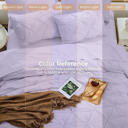 Sasttie King Size Comforter Set, 7-Piece Bed in a Bag, Pintuck Bedding Sets for All Season, Includes Comforter, Flat Sheet, Fitted Sheet, Pillowcases and Pillowshams, Lavender