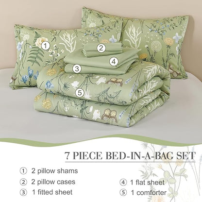 Yiran Sage Green Floral Comforter Set Queen Size, 7 Piece Botanical Comforter Bedding Set, Farmhouse Bed in a Bag, Soft Microfiber Complete Bedding Set with Sheets for All Season