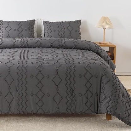 Andency Dark Gray Tufted Comforter Set Full(79x90Inch), 3 Pieces(1 Tufts Comforter, 2 Pillowcases) Boho Textured Farmhouse Bed, Microfiber Down Alternative Geometric Bedding Set