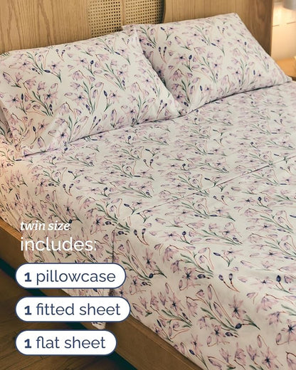 Floral Sheets - Pink Floral Bed Sheet Set - 1 Flat & 1 Fitted & 1 Pillowcase w/ Deep Pockets - Comfy, Wrinkle & Fade Free - Boho Botanical Bedding - Ultra-Soft, Breathable & Cooling - Twin Size Set