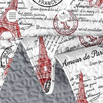 Quilt Set Full/Queen Size, Paris Vintage Eiffel Tower 3 Pcs Soft Bed Cover Bedding Set for Kids and Adults, France Old Iron Lightweight Bedspread Coverlet with Pillow Sham for All Season