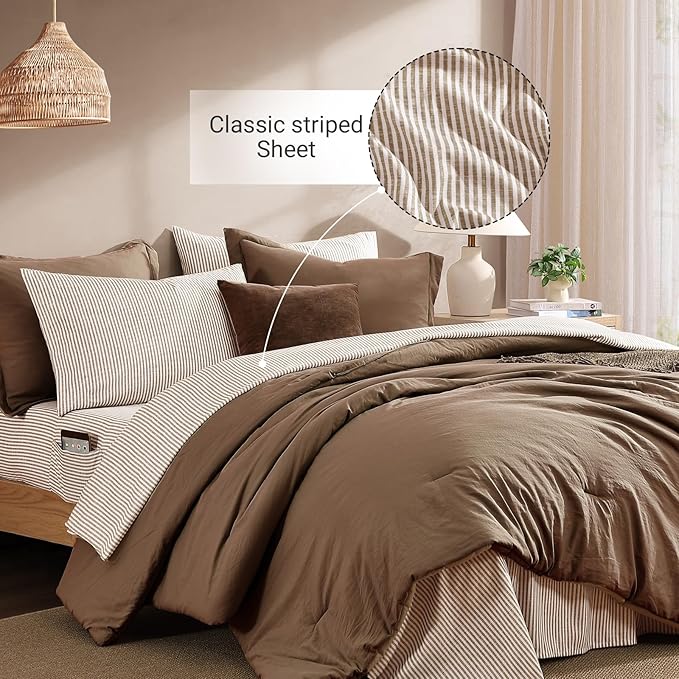 Monbix King Size Comforter Set - 7 Pieces Brown Prewashed Bed in a Bag King Bedding Sets with Comforters, All Seasons Ultra Soft Comforter Bed Set with Sheets,Pillowcases & Shams
