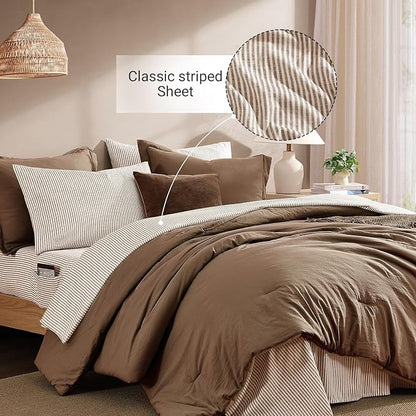 Monbix King Size Comforter Set - 7 Pieces Brown Prewashed Bed in a Bag King Bedding Sets with Comforters, All Seasons Ultra Soft Comforter Bed Set with Sheets,Pillowcases & Shams