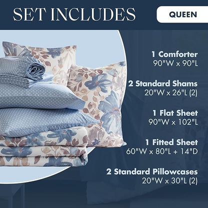 Madison Park Essentials Queen Comforter Set with Sheets, Floral Bed in A Bag Microfiber Comforter for Queen-Size Bed, Shabby Chic Queen Bedding Set Diamond Printed Sheet, Luna, Queen, Blue 7 Piece