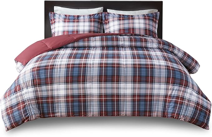 Madison Park Essentials Parkston Plaid Comforter, Matching Sham, 3M Scotchguard Stain Release Cover, Hypoallergenic All Season Bedding-Set, Twin/ Twin XL, Red, 2 Piece
