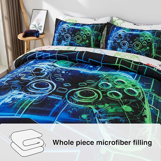 A Nice Night 5Pcs Gaming Comforter Set,Blue Green 3D Game Contoller Themed Keyboard Printing Bedding Sets for Kids Teen Boys, Reversible Comforter for All Seasons,Full