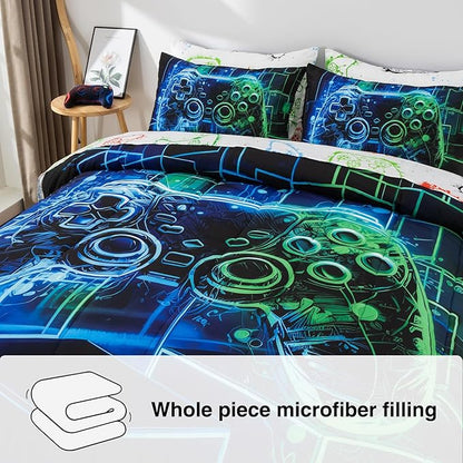 A Nice Night 5Pcs Gaming Comforter Set,Blue Green 3D Game Contoller Themed Keyboard Printing Bedding Sets for Kids Teen Boys, Reversible Comforter for All Seasons,Queen
