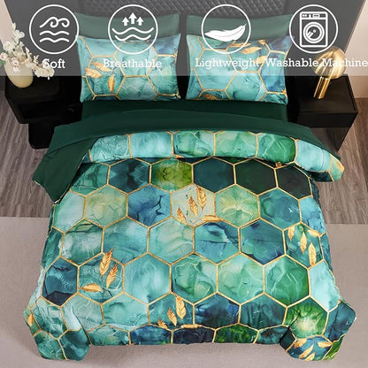 ANGIYUIN 7 Pieces Turquoise Gold Marble Comforter Set Queen Watercolor Printed Bedding Comforter Set Luxury Gold Trim Bed Set Hexagon Honeycomb Bed in A Bag with Sheets(Queen Teal Green)