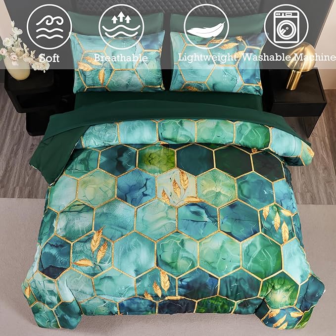 ANGIYUIN 7Pcs Turquoise Green Marble King Size Bed in A Bag with Sheets Gold Honeycomb Watercolor Printed Comforter Set Luxury Foil Print Bedding Sets for Women Men(King Teal Green)