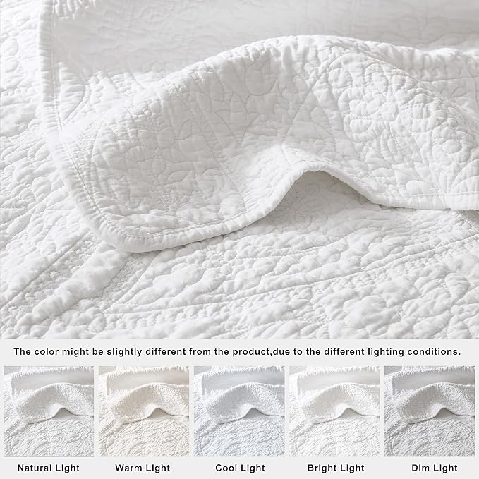 palassio White Paisley 100% Cotton Quilt Queen Size Bedding Sets with 2 Pillow Shams, Boho Floral Lightweight Farmhouse Country Vintage Soft Bedspread Shabby Chic Coverlet for All Season, 3 Pieces