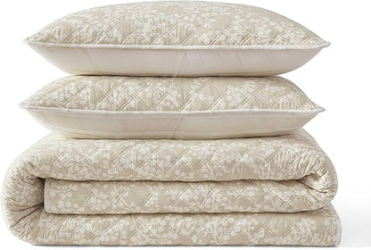 Martha Stewart - Twin Quilt Set, 100% Cotton Reversible Bedding Set, Incredibly Soft Feel for Year Round Comfort, 2 Piece Bed Set with Matching Pillowcase (Layered Branches Beige)