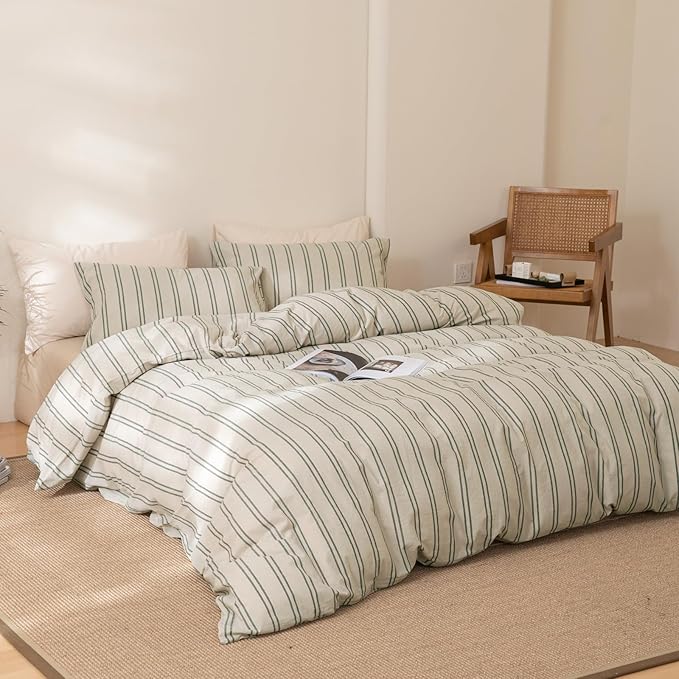 VM VOUGEMARKET Greyish-Green Striped Comforter Set Queen Modern Comforter with 2 Pillowcases Soft Lightweight Washed Cotton Bedding Set Bed in a Bag Queen Comforter Set for Teens Adults