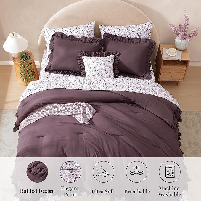 Oversized King Comforter Set - 7 Pieces Ruffle Dark Purple Bedding Sets, Shabby Chic Farmhouse Bed in a Bag with Ruffle Comforter, Floral Sheets, Pillowcases & Shams