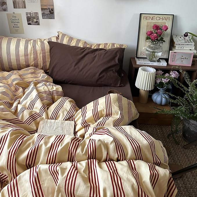 MKXI Queen Size Reddish-Brown & Yellow Striped Duvet Cover Set - 3 Piece Vintage Aesthetic Bedding Set, Cotton, Minimalist Design, Soft & Breathable Duvet Cover with Zipper Ties
