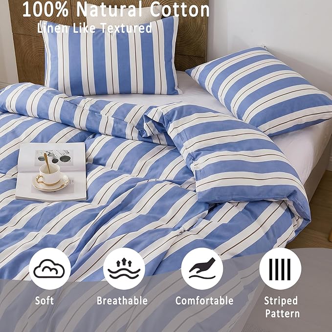 Merryword Blue and White Striped Duvet Cover Set Queen Size 100% Cotton Bedding Set with Modern Coastal Style Soft Breathable Linen Like Bedding Set 3 Pieces