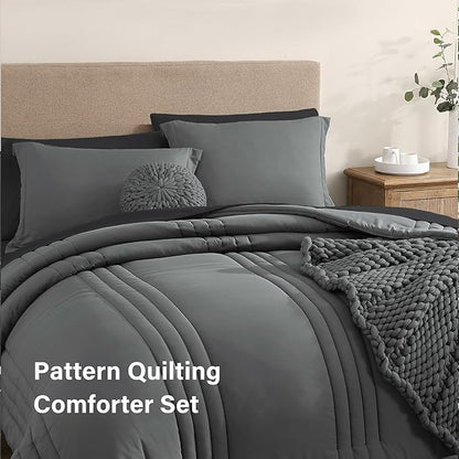Monbix Queen Comforter Set - 7 Pieces Grey Bed in a Bag Queen Bedding Sets with Comforters, All Seasons Comforter Bed Set with Sheets,Pillowcases & Shams