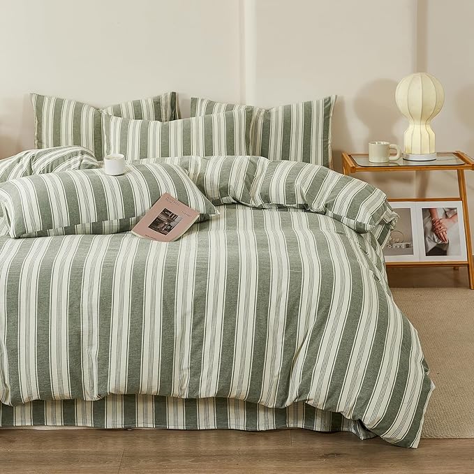 100% Washed Cotton Striped Duvet Cover Set Twin XL, Vintage Green White Stripes Pattern Printed Comforter Cover, Soft Breathable Duvet Cover with 2 Pillowcases Farmhouse Striped Bedding Set Twin XL