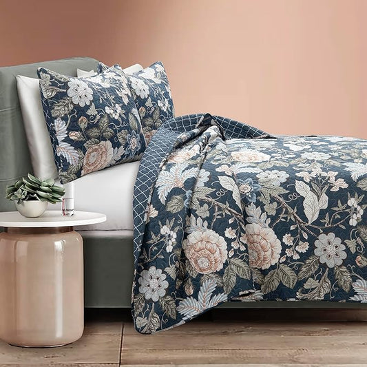 Lush Decor Sydney Reversible Cotton Quilt Set, 3 Piece Set, King, Navy & Multi - Cotton Bedding Set - Navy Floral Quilt - Cottage Decor - Bedding King Size