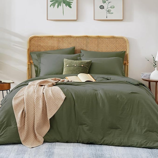 WRENSONGE California King Size Comforter Sets, 7 Pieces Olive Green Bed in a Bag with Fitted Sheet, Flat Sheet, 2 Pillow Shams, 2 Pillowcases, Warm Bedding Sets for All Season