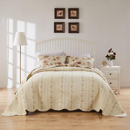 Greenland Home Antique Rose Jumbo Oversized 100% Cotton Bedding Set, Bedspread 120 W x 118 L with 2 Shams 20 W x 26 L Each, King (3 Piece), Ecru