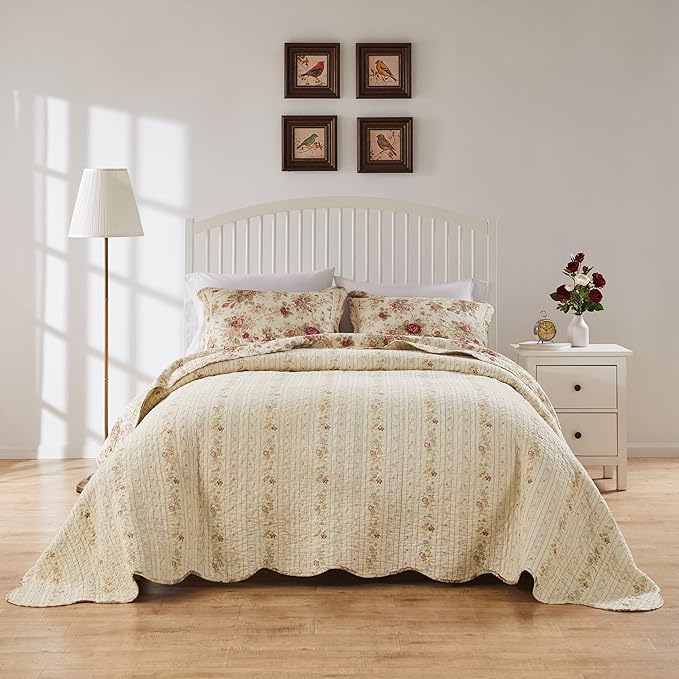 Greenland Home Antique Rose Jumbo Oversized 100% Cotton Bedding Set, Bedspread 110 W x 118 L with 2 Shams 20 W x 26 L Each, Queen (3 Piece), Ecru