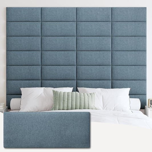 IFNOW Wall Mounted Headboard, Peel and Stick Panels, Dusty Blue, Queen | 3D Soundproof Acoustic Padding, Reusable and Removable Tufted fabric Bed Headboard for bedroom (9 Panels, 10" x 24")