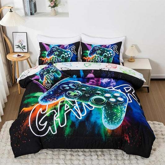 Aimuan Gamer Gaming Bedding Sets 3D Gamepad Comforter Sets for Boys Games Console Action Buttons Novelty Colorful Game Controller Modern Room Decor Home Quilt Set (Black-Green, Queen 6Pcs)