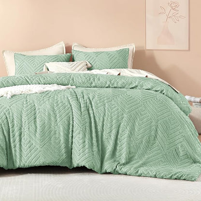Litanika Sage Green King Size Comforter Set, 3 Pieces Tufted Boho Farmhouse Bedding Comforter Sets, Lightweight Fluffy Comforter Bed Set for All Season (104x90In Comforter and 2 Pillowcases)