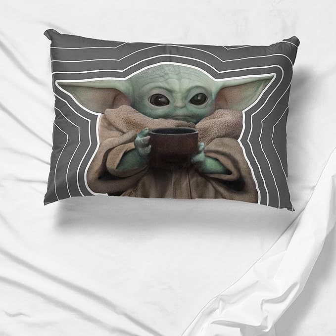 Jay Franco Star Wars The Mandalorian Coffee 1 Pack Pillowcase - Double-Sided Kids Super Soft Bedding - Features The Child Baby Yoda Grogu