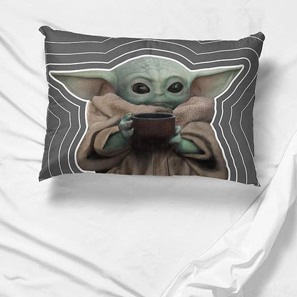 Jay Franco Star Wars The Mandalorian Coffee 1 Pack Pillowcase - Double-Sided Kids Super Soft Bedding - Features The Child Baby Yoda Grogu