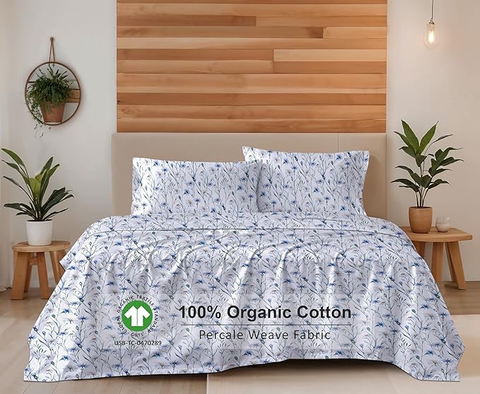 RUVANTI 100% Organic Cotton Sheets Split King, Percale Weave, GOTS Certified, 5-Piece Set, Deep Pocket 15", Crisp & Breathable, Soft Durable Bedding, Sábanas Algodón Orgánico – Daisy Bud