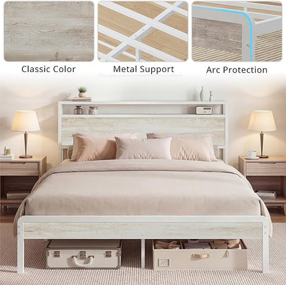 LIKIMIO Queen Bed Frame with Headboard, Wood Camas Queen with Strong Supports, Sturdy, Noise-Free, No Box Spring Needed, White Maple