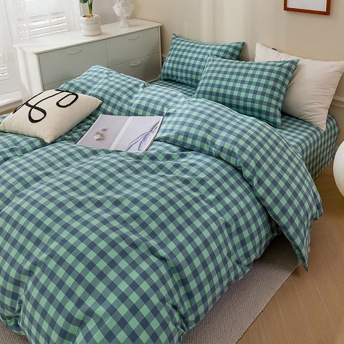 HighBuy Turquoise Gingham Comforter Set Twin XL Modern Cute Plaid Grid Comforter Set Soft Fluffy 3 Pieces,Checkered Pattern Comforter with 2 Pillowcases Farmhouse Gingham Bedding Set