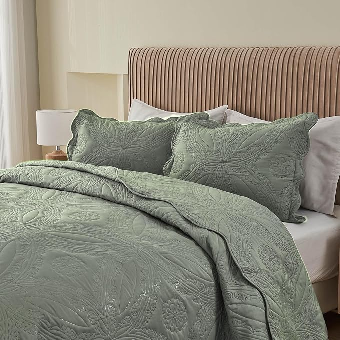 Kingnex Oversized King Bedspreads 128x120 for Extra Wide Tall King or Cal King Bed Ultrasonic Quilted Coverlet Set 3 Piece Include 1 Quilt 2 Pillowcases Sage