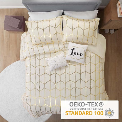Intelligent Design Raina Twin / Twin XL Comforter Set, Soft Microfiber Comforter Set Twin, Modern Geometric Metallic Bed Set, 4 Pieces College Bedding Comforter Set with 1 Sham, 2 Toss Pillows Ivory