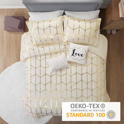 Intelligent Design Raina Full/Queen Comforter Set, Soft Microfiber, Modern Geometric Metallic Bed Set, 5 Pieces College Bedding with 2 Shams, 2 Toss Pillows Ivory/Gold