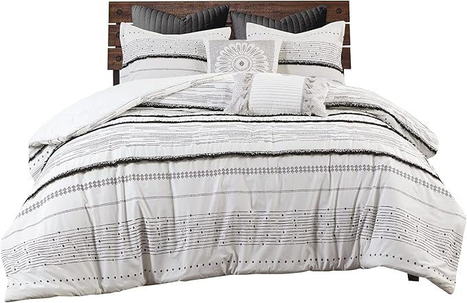INK+IVY Luxurious Cotton-Bedding Set - Mid Century Trendy Geometric Design, All Season Cozy-Cover With Matching-Shams, Full/Queen, Nea Trims Black/Multi