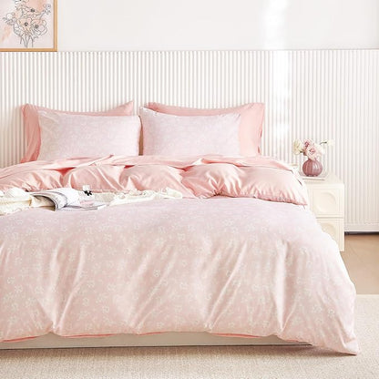 Wake In Cloud - Coquette Duvet Cover Set, Floral Cottagecore Flower Shabby Chic Cute Aesthetic, Soft Lightweight Bedding for Women Teen Girls, 3-Piece, Light Pink, Full Size