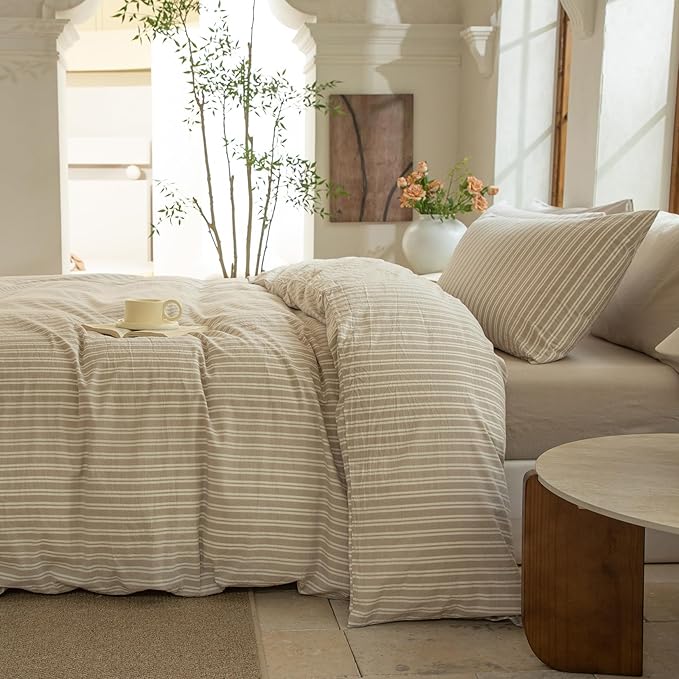 Striped Duvet Cover Set 100% Washed Cotton Linen Like Soft Feelling Breathable Bedding(Strip-Beige/White,Queen)