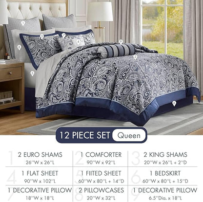 Madison Park Aubrey Cozy Comforter Set, Faux Silk Jacquard Paisley Design - All Season Down Alternative Bedding with Cotton Bed Sheets, Bed Skirt & Toss Pillows, Queen Navy 12 Piece