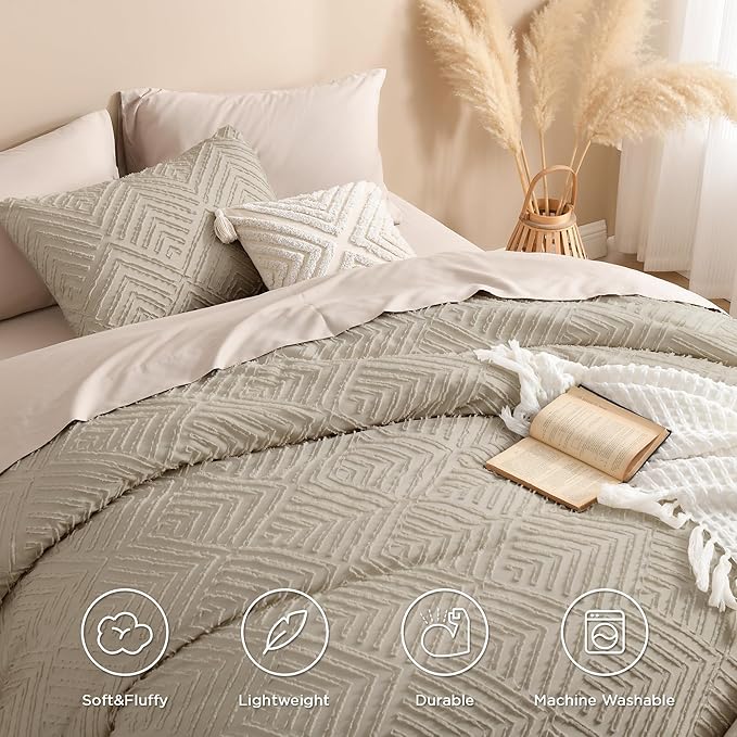 Andency Oversized King Comforter 120''x98'', 3 Pieces Oatmeal Soft Boho Bedding Set & Collections, All Season Farmhouse Tufted Fluffy Bed Set (1 Comforter, 2 Pillowcases)