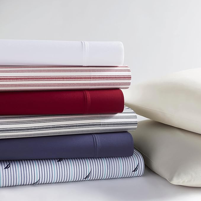 Nautica - Full Sheets, Cotton Percale Bedding Set, Casual Home Decor, Dorm Room Essentials (Coleridge Stripe Red, Full)