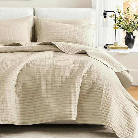 Comfort Spaces Kienna Quilt Set- Double Sided Stitching Design Summer Blanket, Lightweight, Soft, All Season Bedding Layer, Matching Sham, Ivory, Coverlet Full/Queen(90"x90") 3 Piece
